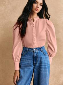 Poéselle 素色前紐扣襯衫 - 藕粉色 - 查看 6