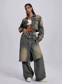 Jeanoix Retro vintage brede band korte dames denim jas met lange mouwen
