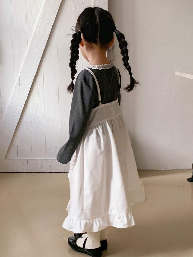 Young Girl Casual Ruffled Strap Dress With Extended Sleeve Top 2 Pieces Set, Autumn