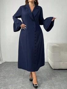 Mulvari Plus Size Solid Color Front Button Long Sleeve Flat Collar Minimalist Casual Short Dress,Graduation Dress - Navy Blue - View 3
