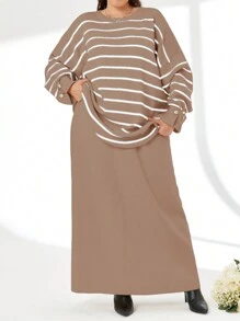 SHEIN Cottnline Striped Pattern Drop Shoulder Sweater & Knit Skirt - Multicolor - View 1