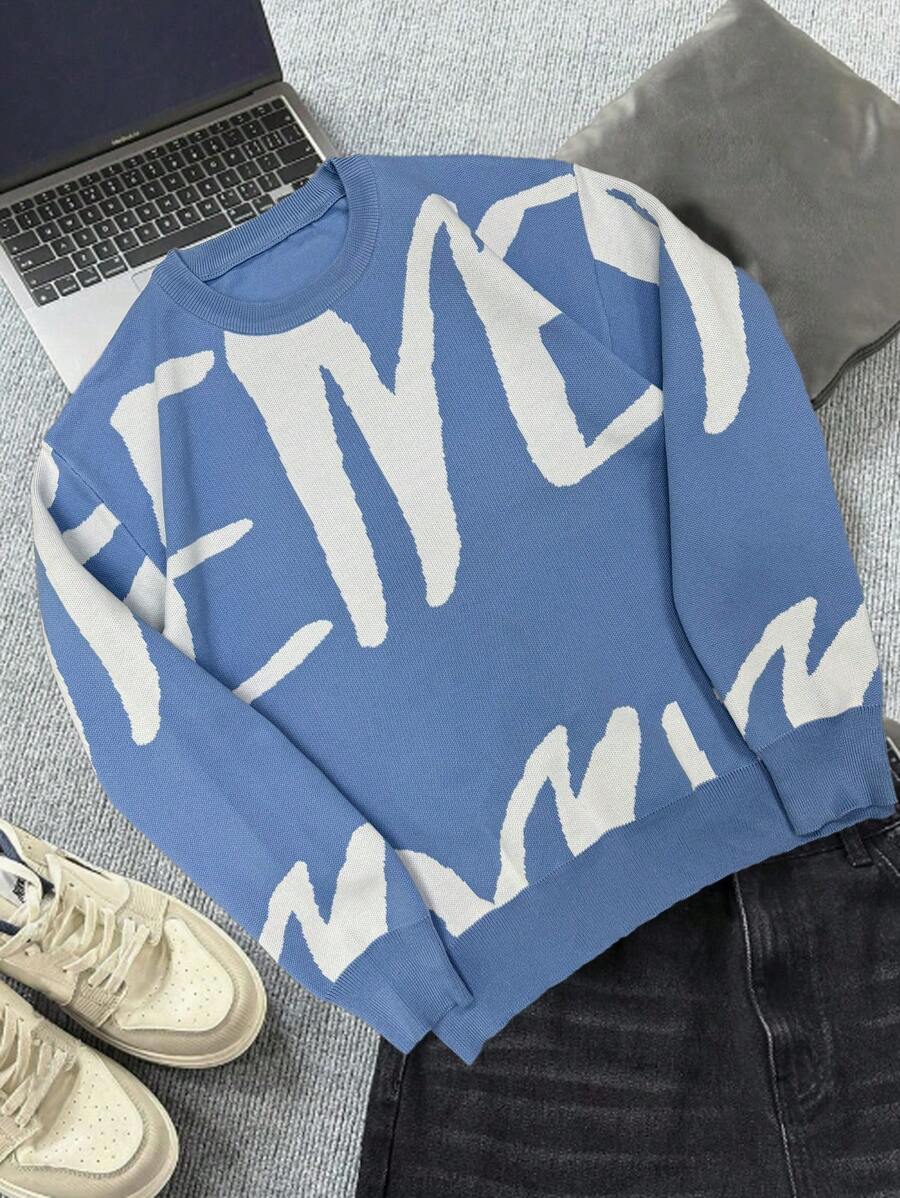 Claim Dot Men's Round Neck Long Sleeve Pattern Detailed Casual Sweater - Blue - View 1