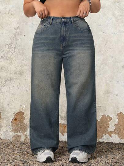 SHEIN CURVE+ 大码休闲水洗复古直筒牛仔裤