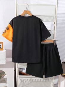 2 sztuki Tween Boys Casual Street Graphic Print Crew Neck Loose T-shirt i spodenki Knit Set