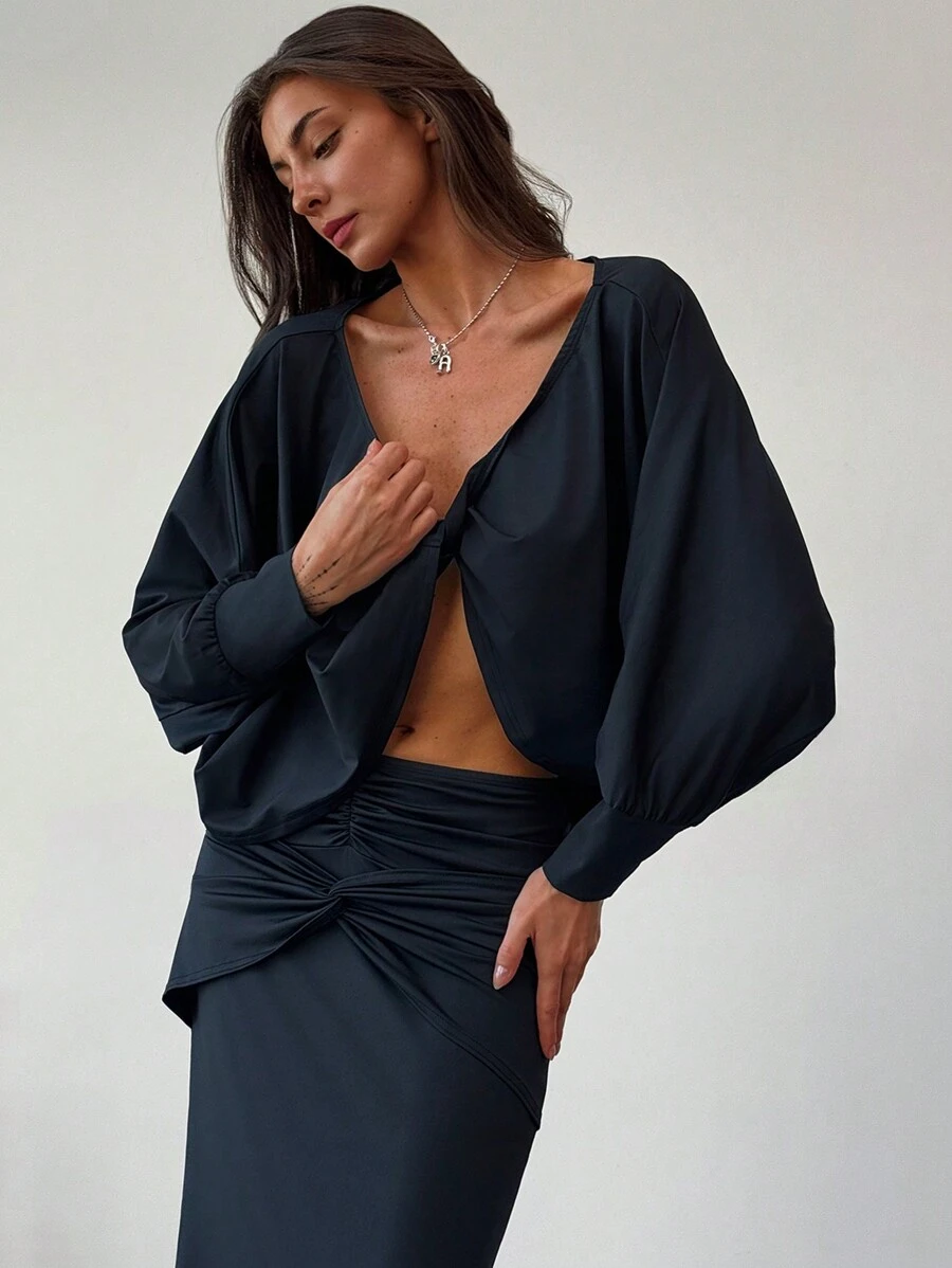 Aloruh Twist Sleeve Batwing Sleeve Cropped Loose Top + Gathered Front High-Low Hem Women Long Skirt - Black - View 1