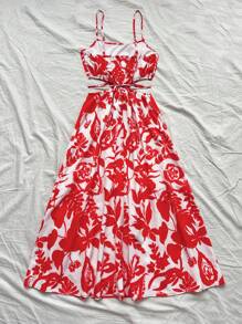 Soleia 女士度假红色花卉镂空腰部超长 A 字裙，适合圣诞节、派对、情人节、约会、下午茶 - 紅白色 - 查看 6