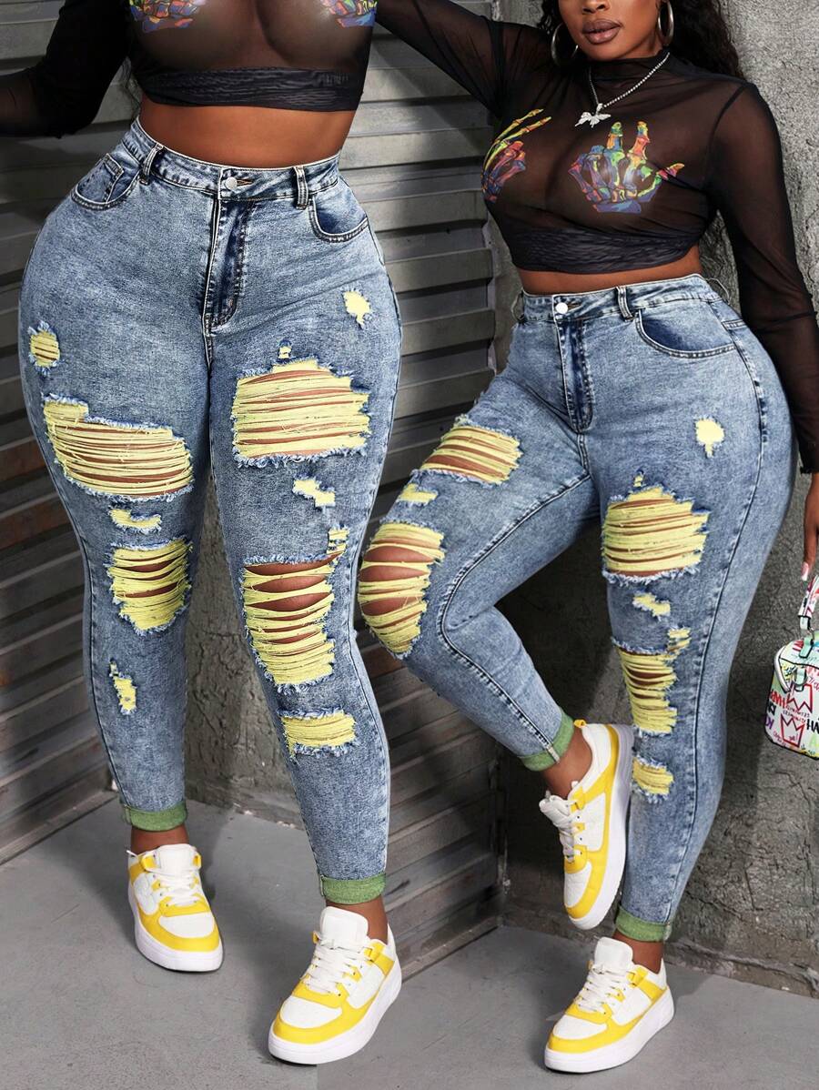 Slaydiva Plus Size Women Jeans Sexy Skinny Stretch Ripped Trousers Blue Women Jeans Denim Jeans Jeans Pants Jeggings Women Tights Petite Women Pants Stretchy Jeans Pants Women Tights Women Jeans Jeans High Waist Leggings - Medium Wash - View 1