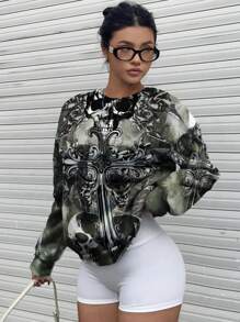 Attitoon 女式复古朋克摇滚哥特骷髅印花羊毛圆领休闲运动衫，适合秋冬季