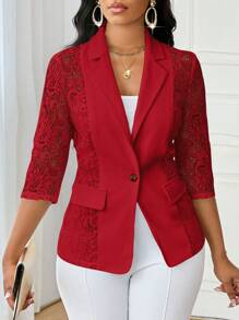 SHEIN Lady Plus Size Casual Elegant Contrast Lace Single-Breasted Jacket, Autumn