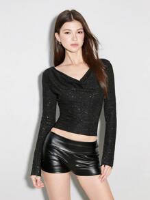 SHEIN Unity 1pc Women's Sexy Party Fashion Cowl Neck Sparkling Slim-Fit Long Sleeve T-Shirt, Autumn/Winter For Spring - Black - View 1