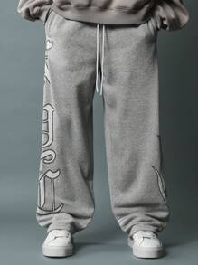 SUMWON Oversized Graphic Printed Gothic Lettering Fleece Sweatpants Aesthetic Streetwear Baggy Joggers With Side Pockets Comfortable Winter Loungewear Athletics - Grey - View 4