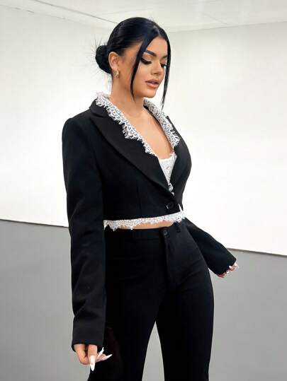 SHEIN SXY Women's Fashionable Lace Trim Color-Block Short Blazer Jacket,Women Blazer Jacket,Black Blazer