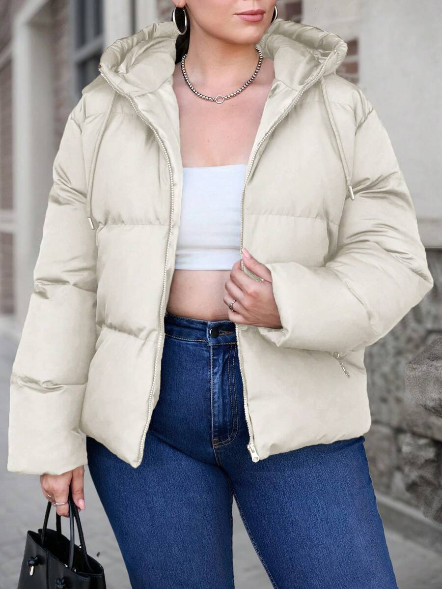 RueChic Plus Size Solid Long Sleeves Zip Up Hooded Padded Coat - White - View 1