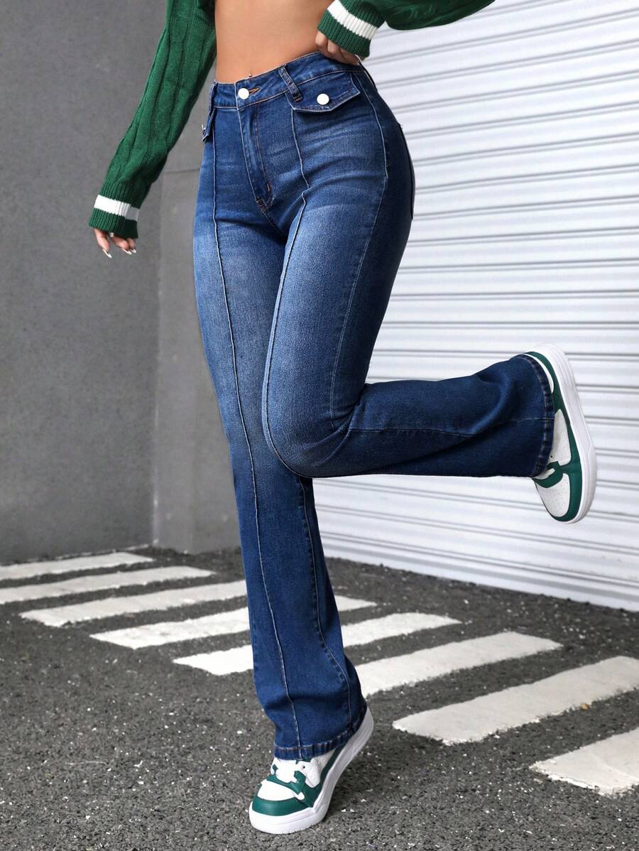 SHEIN EZwear Quần Jeans Ống Loe Ôm Vừa Vặn Thường Ngày Cho Nữ - Rửa tối - Xem 1