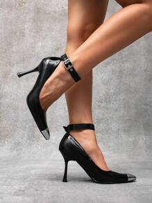 CUCCOO SZL Simple Color Block Metal Decor Pointed Toe Casual Ladies High Heels Valentine's Day - Black - View 3