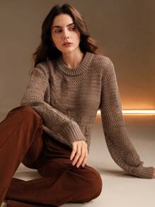 Anewsta Perforated Pattern Knit Casual Oversized Sweater Knit Pullover Fall Winter - Khaki - View 1