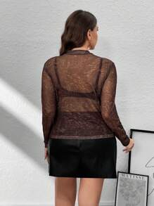 SHEIN Privé Plus Size Leopard Print Brown Sheer Mesh Knit Cami Top, Elegant For Valentine Party