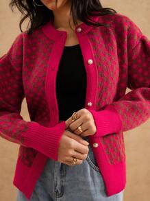 Forever 21 Women's Casual Plaid Drop Shoulder Red Cardigan, Autumn/Winter - Pink - View 7