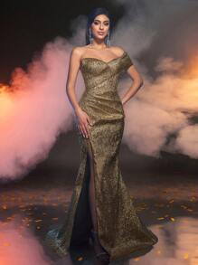 Glamrae Women's Elegant Luxurious Jacquard Satin Off-Shoulder Mermaid Dress,Heavy Embroidery Ruched Sleeve Side Slit Hem With Train For Wedding Gala Party - Gold - View 1
