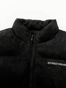 PAVTROS Manfinity Streetrush 男士简约字母印花前拉链长袖休闲户外风衣夹克秋季男士冬季外套纯色加绒保暖冬大衣 - 黑色 - 查看 3