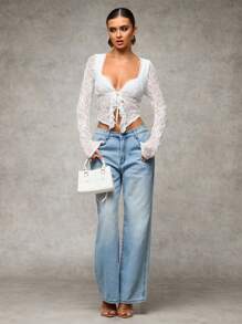 SHEIN BAE Áo nữ màu xám xanh lá trơn màu cho đêm hẹn hò/tiệc độc thân/tiệc cocktail/mùa tựu trường/trang phục hòa nhạc/trang phục tiệc rave/thời trang dạo phố/áo ren gợi cảm xếp nếp phía trước dây mảnh có viền bất đối xứng/trang phục gợi cảm cho phụ nữ/trang phục hippie/áo gợi cảm cho phụ nữ/áo ren dài tay - trắng - Xem 6
