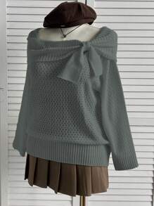 Flirla Plus Size Cute & Sweet Bow Knit Sweater, Vintage Soft & Gentle Top, Essential For Sweet Girls, Autumn/Winter Knit Pullover Fall - Grey - View 7