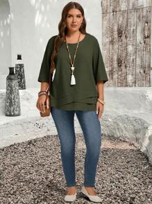 EMERY ROSE Plus Size Asymmetric Hem Green Country Shirts Fall Clothes