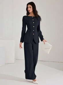 Heiryn 女士纯色前扣长袖简约衬衫和裤子套装秋冬两件套