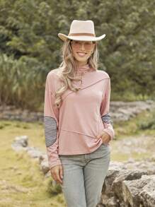 LanaWest 秋冬休闲半高领撞色袖格子宽松T恤 - 粉色 - 查看 5