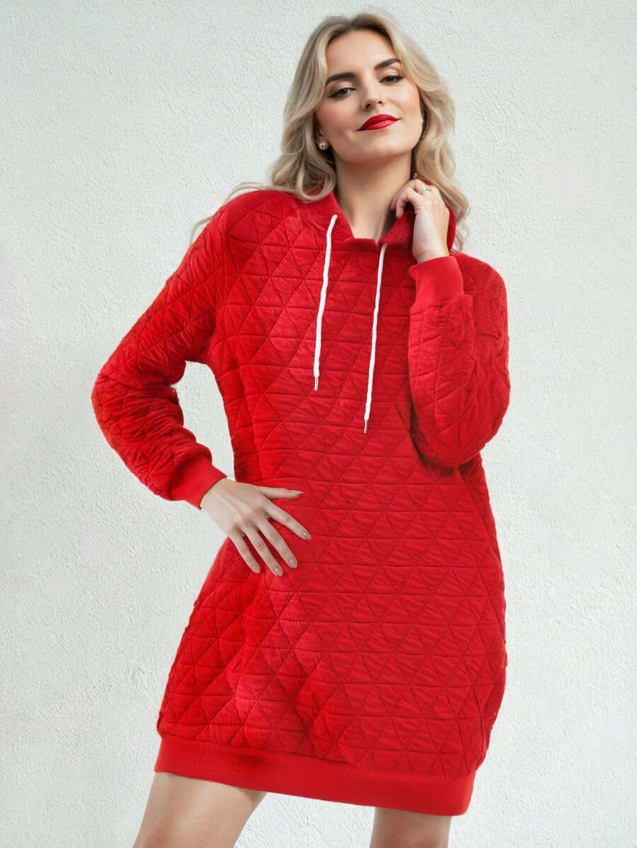 Women's Casual Hooded Midi Dress, Thick & Comfortable, Loose Fit, Warm, Relaxed, Cute, Elegant, Diamond Plaid, Red Color, Suitable For Families, Mother-Daughter Style, Autumn/Winter For New Year Clothes Fall Cloth For Women - Red - View 1