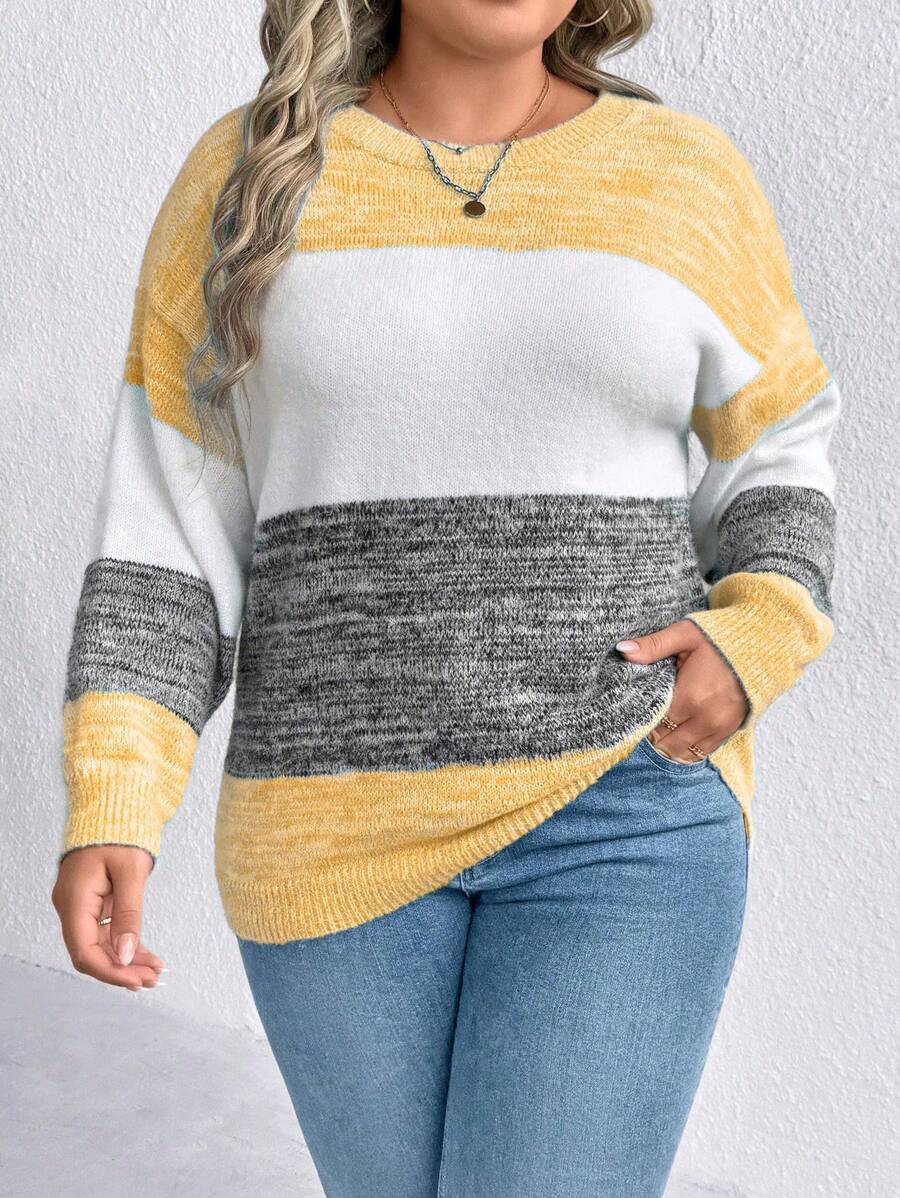 SHEIN CURVE+ Plus Size Contrast Color Crew Neck Long Sleeve Knit Top For Women, For Winter Knit Pullover Fall - Yellow - View 1