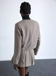 Maija Women's Autumn/Winter Khaki Mini Plaid Print Long Sleeve Front Metal Button Elegant Commuting Fashion Short Jacket - Khaki - View 4