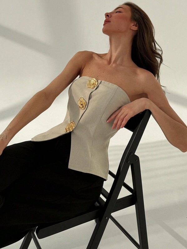 Aloruh Blusa moderna de mujer de color beige dorado con decoración de botones metálicos para uso en la oficina