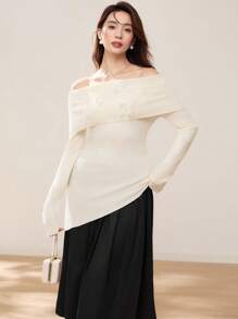 EastFlair Women's White Christmas Off Shoulder Butterfly Ornament Sweater
