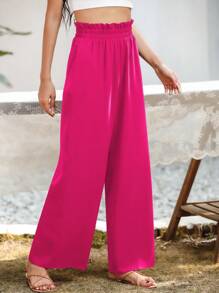 SHEIN LUNE Paperbag Waist Wide Leg Pants - Hot Pink - View 6