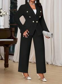 SHEIN Lady 春夏秋冬优雅白色针织翻领纽扣前长袖大码仿皮草外套职业装圣诞女装教堂女装女装套装情人节新年女装 - 黑色 - 查看 5