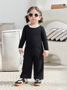Baby Girl Matching Sets, Mom & Me, Ribbed Knit Color Block Long Sleeve Crew Neck Crop Top With Wide Leg Knit Pants - Black - View 2