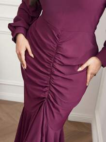 Modelyn Plus Size Elegant Party Solid Color Lantern Sleeve Ruched Fishtail Dress - Purple - View 4