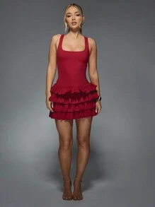 MISSGUIDED Halloween Party Mini Dress With Tiered Ruffle Skirt Square Neck Lace Up Back Design Bodycon Fit Evening Holiday Glamour Statement - Burgundy - View 4