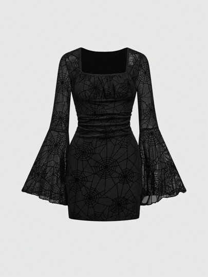 Goth Mysterious Dark Halloween Sexy Spider Web Square Neck Flare Sleeve Elegant Romantic Women Short Dress