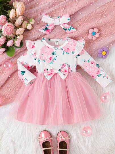 婴儿和女婴圣诞绿色印花盖袖网眼下摆休闲可爱节日连衣裙 + 头带，秋冬