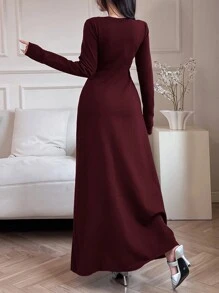 Feyla Women Long Sleeve Midi Sweater Dress, Solid Color, Fitted In Fall/Winter - Burgundy - View 3