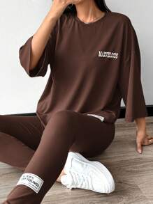 Mulvari 2pcs/Set Women Casual Letter Print Top And Leggings, Autumn