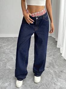 SHEIN SXY Jeans vaqueros de cintura doble a cuadros casuales, apropiados para salir y volver al colegio - Azul - Ver 1