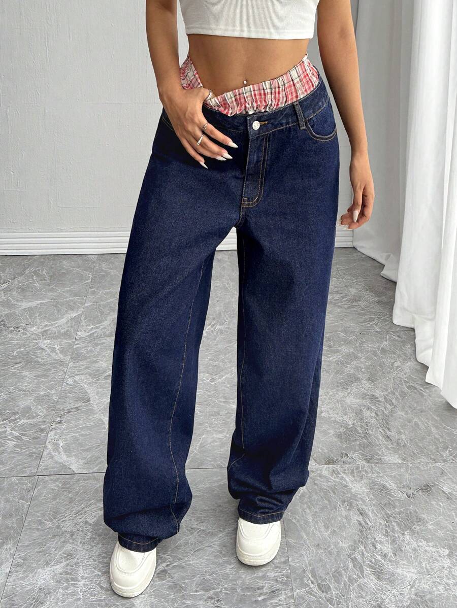 SHEIN SXY Quần Jeans Denim Cạp Đôi Kẻ Sọc Thường Ngày, Thích Hợp Cho Đi Chơi & Quay Lại Trường Học - Màu xanh lam - Xem 1