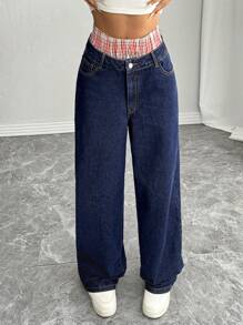 SHEIN SXY Jeans vaqueros de cintura doble a cuadros casuales, apropiados para salir y volver al colegio - Azul - Ver 6