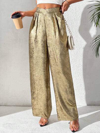 Chiquease Pantalones rectos de cintura asimétrica con textura metálica para fiesta de Año Nuevo y ropa festiva para mujer