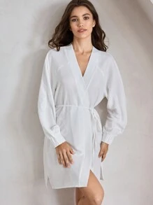 Ocili Leisure Comfy Soft Skin-Friendly Wrinkled Women's Solid Color Long Sleeve Robe - White - View 5