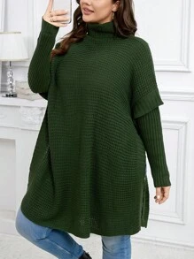 SHEIN LUNE 女士加大码宽松立领落肩长袖套头毛衣针织衫秋冬款 - 綠色 - 查看 3