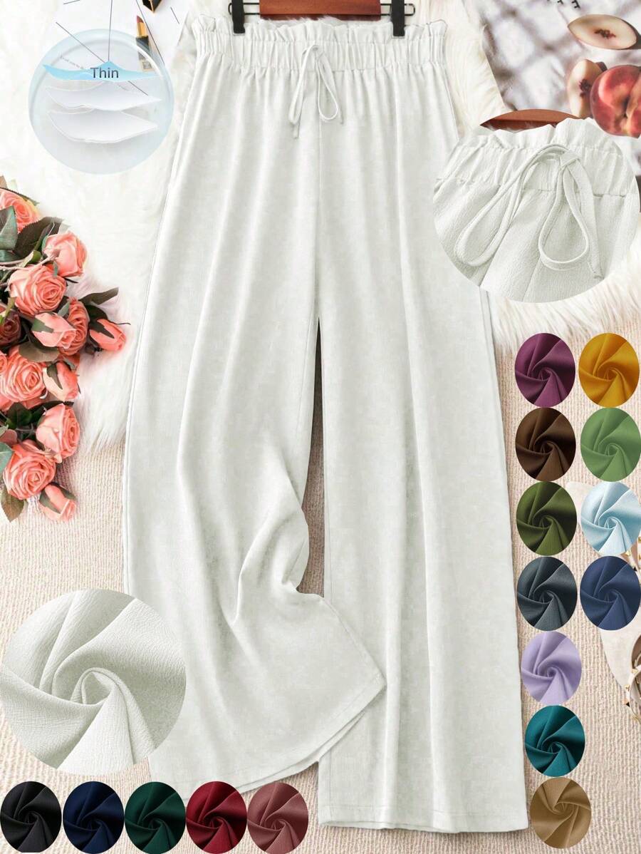 SHEIN LUNE Kích thước lớn Màu thuần Thắt lưng túi giấy Giải trí Quần - trắng - Xem 1